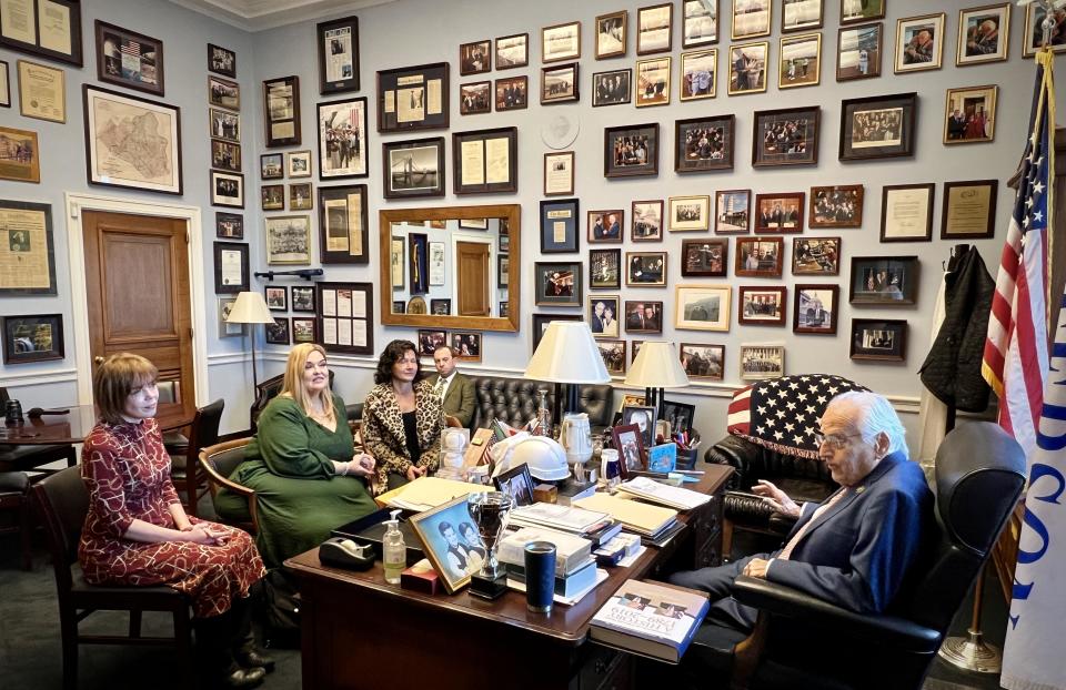 Taylor Swift fans sit down with Representative Bill Pascrell (D-New Jersey) about strengthening laws to protect consumers following the Eras Tour Ticketmaster debacle. / Credit: Ash-har Quraishi/CBS News