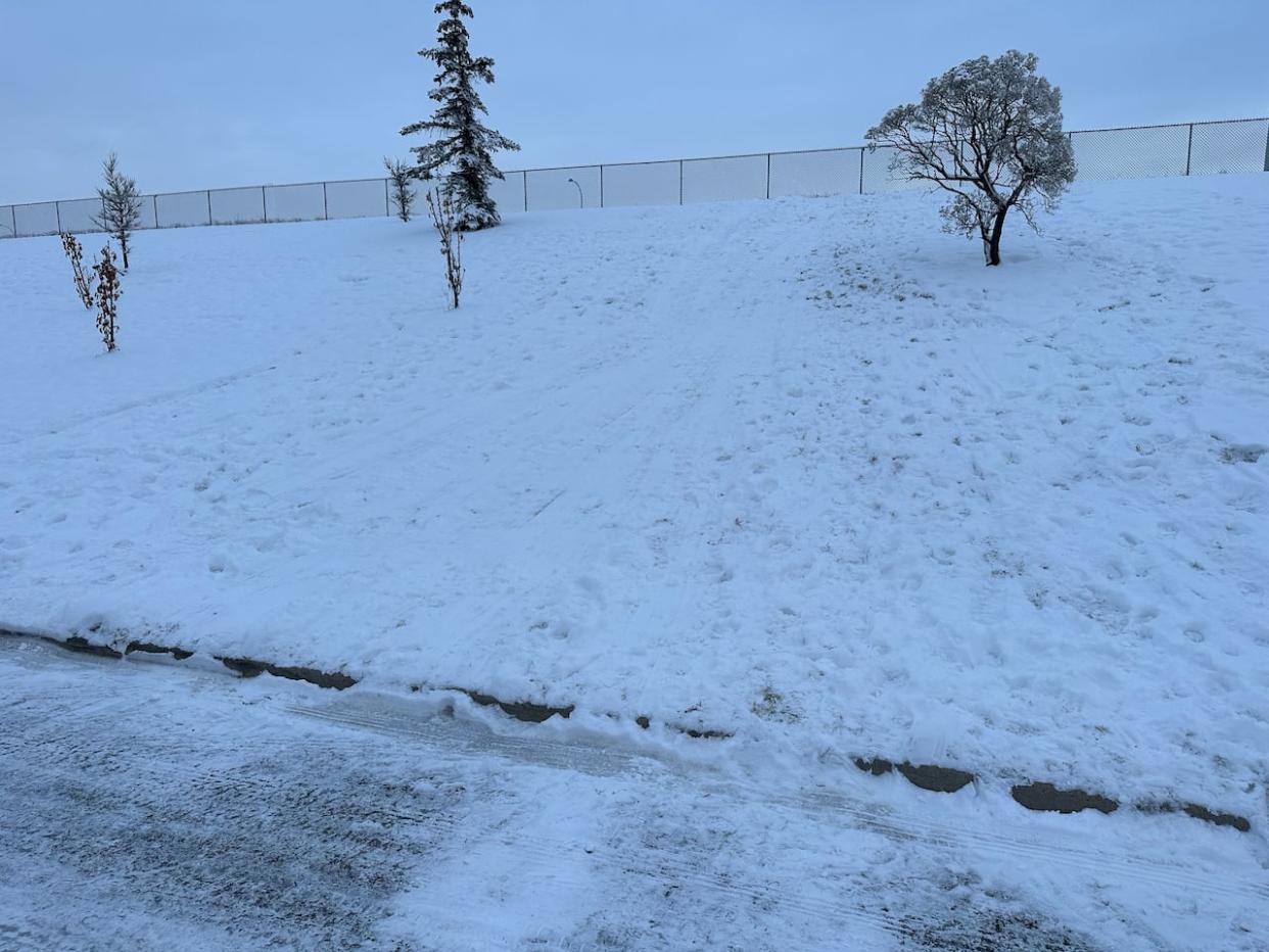 Police said the boy was sledding down the hill and collided with the passenger side of an SUV. (Colleen Underwood/CBC - image credit)