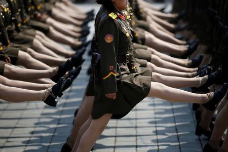 Female North Korean soldiers march during a military parade marking the 105th birth anniversary of the country's founding father Kim Il Sung in Pyongyang, North Korea, April 15, 2017. REUTERS/Damir Sagolj