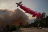 A woman photographs an airplane as it drops red fire retardant on the Glass Fire at an vinyard in Deer Park, California