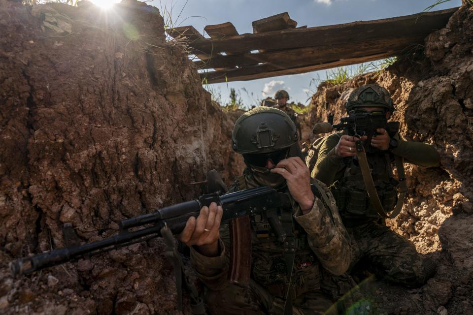 Ukrainian soldiers of the 22nd Infantry Brigade are seen in tactical trench training in the direction of the Chasiv Yar, in the Donetsk region, on June 8, 2024.