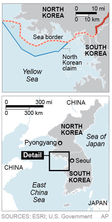 Map shows disputed sea border between North and South Korea; 1c x 3 3/4 inches; 46.5 mm x 95 mm;