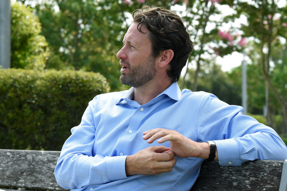 Former U.S. Rep. Joe Cunningham talks during an interview with The Associated Press about his campaign for South Carolina governor on Saturday, July 10, 2021, in Mount Pleasant, S.C. Cunningham says he wants to legalize marijuana in South Carolina, something he says would provide healthcare options, create jobs and generate millions in revenue for the state. (AP Photo/Meg Kinnard)