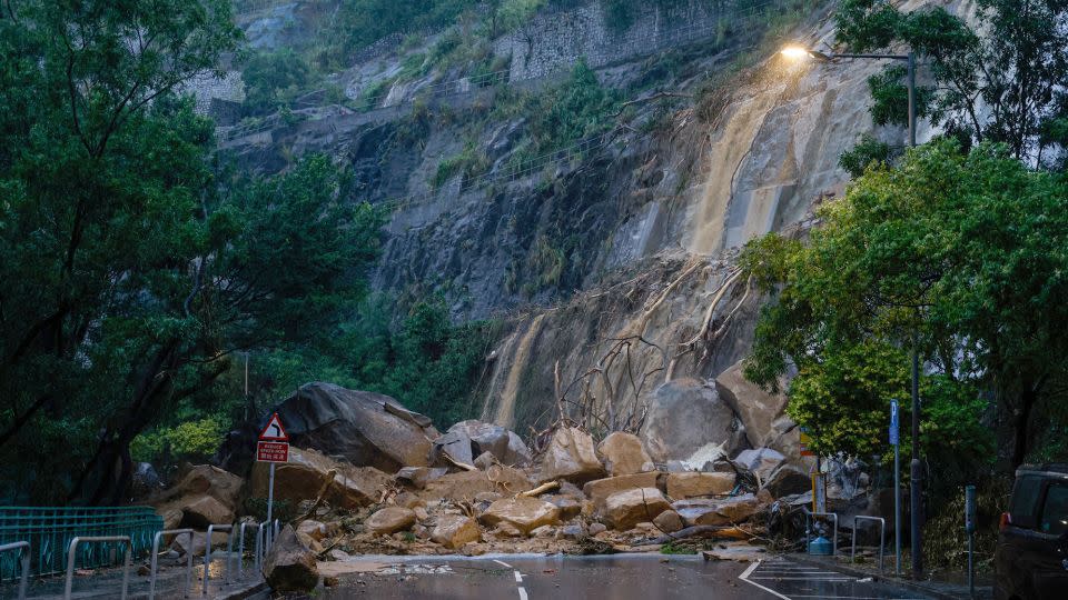 A road blocked due to the debris of a landside after heavy rains, in Hong Kong, on September 8, 2023.  - Tyrone Siu/Reuters