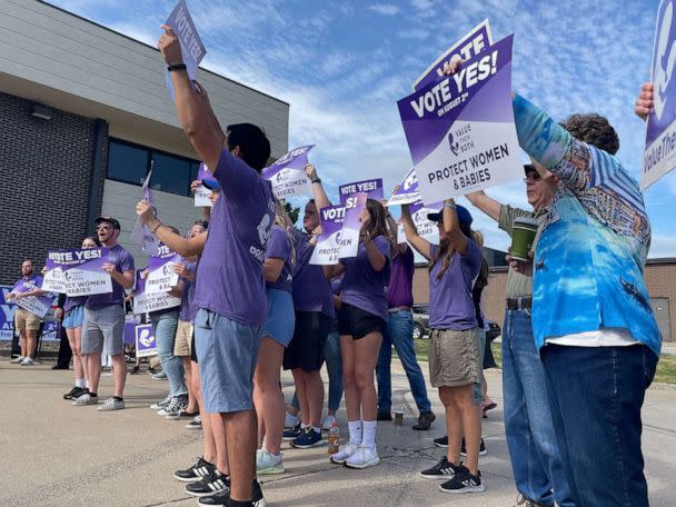 PHOTO: Supporters of Value Them Both, a constitutional amendment that would remove language guaranteeing the right to an abortion from the Kansas state constitution, rally before campaigning in Shawnee, Kansas, July 30, 2022. (Caitlin Wilson/AFP via Getty Images, FILE)