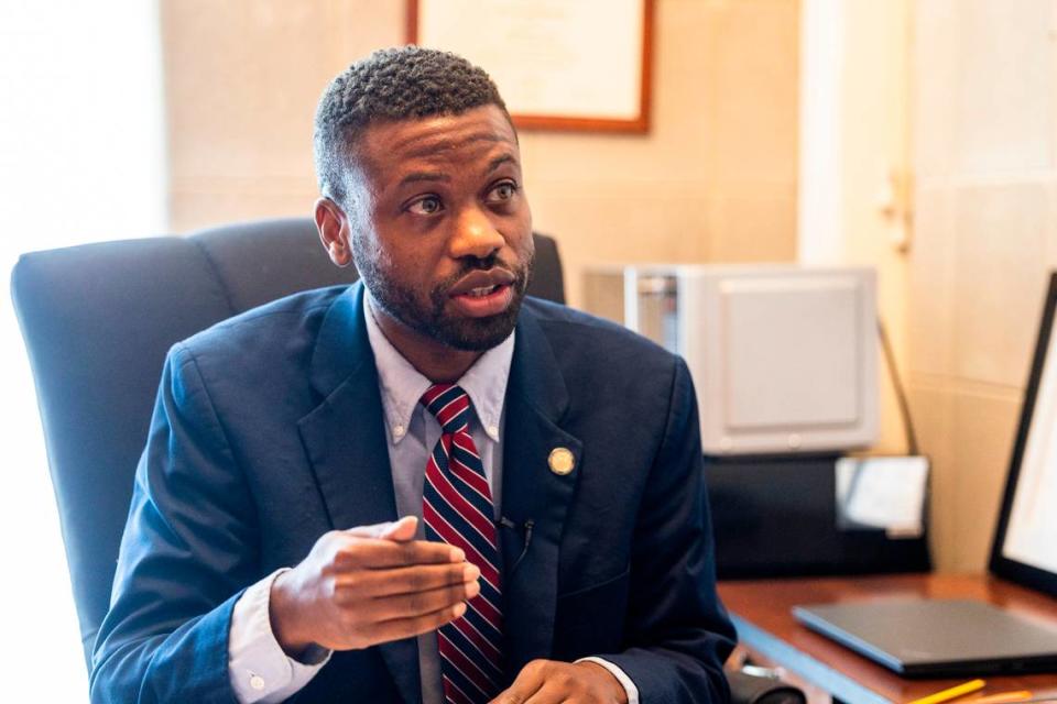 State Rep. Cecil Brockman, who represents High Point and is serving his fifth term in the House, answers questions during a News & Observer interview at the North Carolina State Legislative Building on Friday, April 26, 2024.