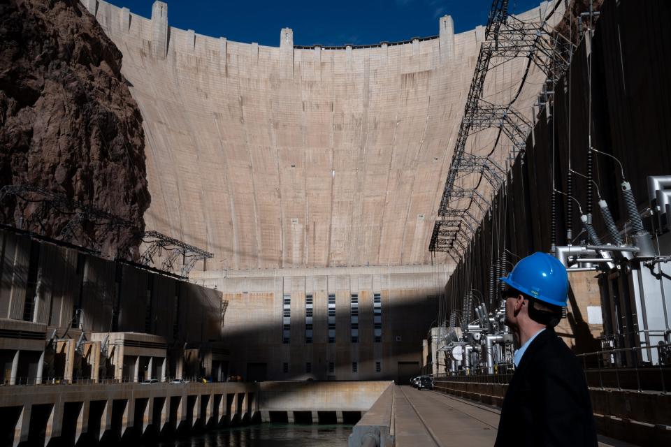 Mark Cook, Hoover Dam manager, on the ramp at Hoover Dam, on the Arizona/Nevada border on Feb. 16, 2022. The dam is not designed to bypass water at its base, meaning continued loss of the water behind it could eventually stop the flow.