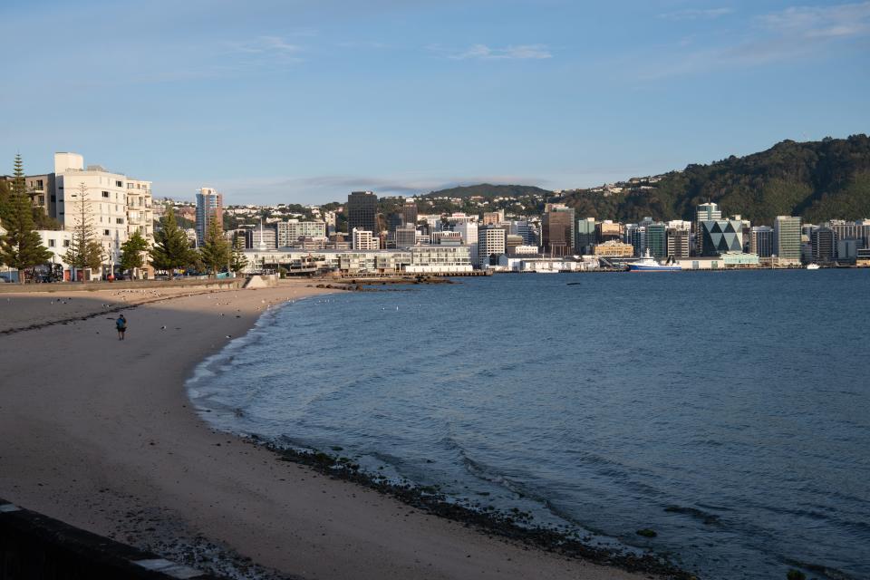 One man walks along a New Zealand beach with a small coastal town in the background