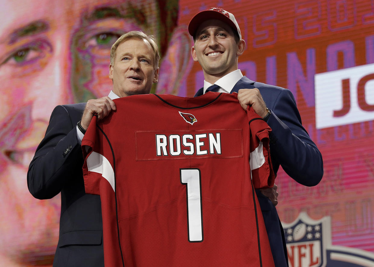 UCLA's Josh Rosen, right, poses with commissioner Roger Goodell after being selected by the Arizona Cardinals. (AP)