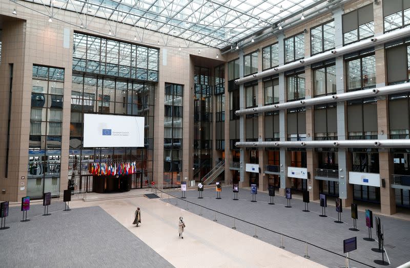 View of the empty journalists area during an EU leaders summit in Brussels