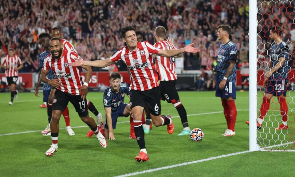 Christian Nørgaard of Brentford celebrates after scoring against Arsenal on the first night of the season.