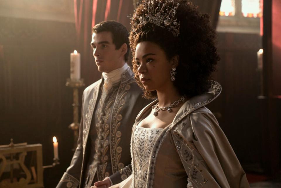Corey Mylchreest and India Amarteifio in “Queen Charlotte: A Bridgerton Story” (Liam Daniel/Netflix)