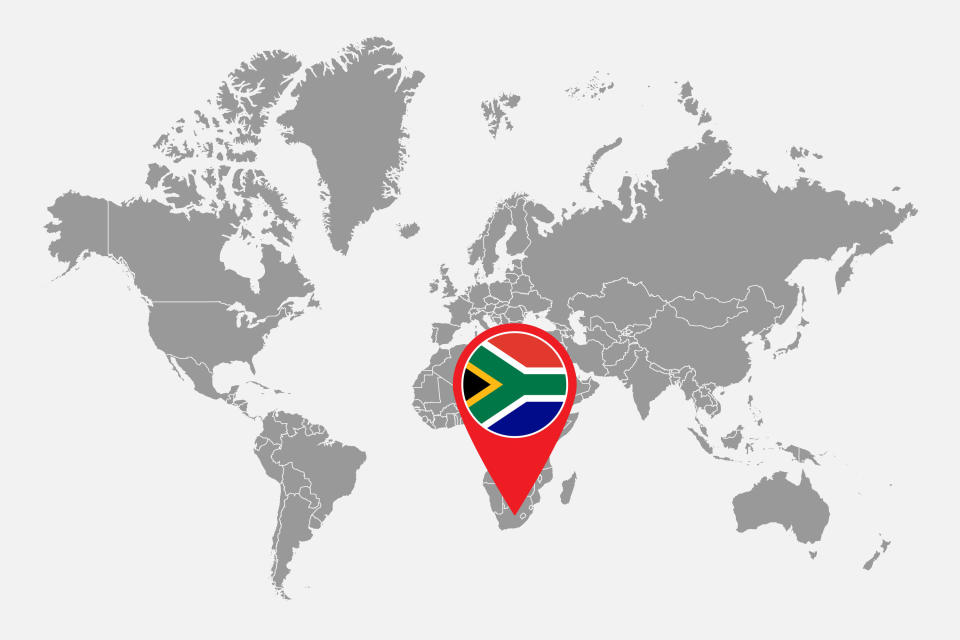A world map with South Africa indicated