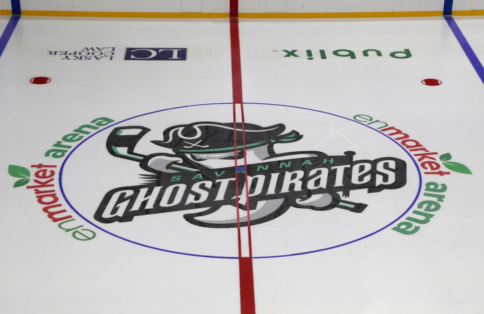 The Ghost Pirates logo at center ice at the Enmarket Arena, which is home to the expansion franchise in the ECHL.