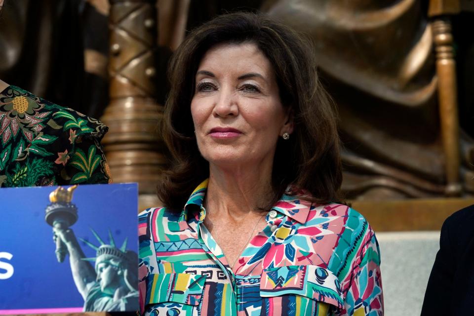 New York Gov. Kathy Hochul attends an abortion right rally, at the Women's Rights Pioneers Monument, in New York's Central Park, Monday, Sept. 13, 2021.