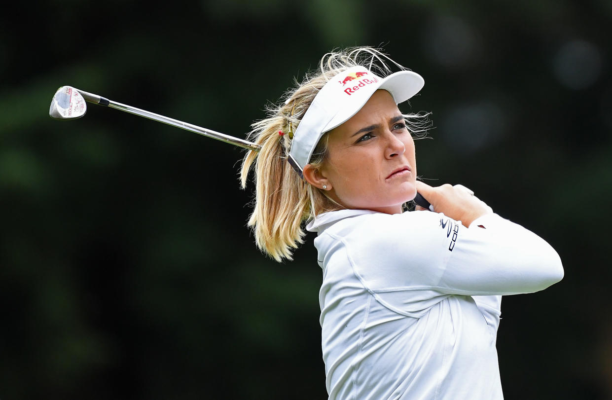 WOBURN, ENGLAND - JULY 31: Lexi Thompson of The United States of America plays a shot on the 9th hole during the Pro-Am prior to the AIG Women's British Open at Woburn Golf Club on July 31, 2019 in Woburn, England. (Photo by Warren Little/WME IMG/WME IMG via Getty Images)