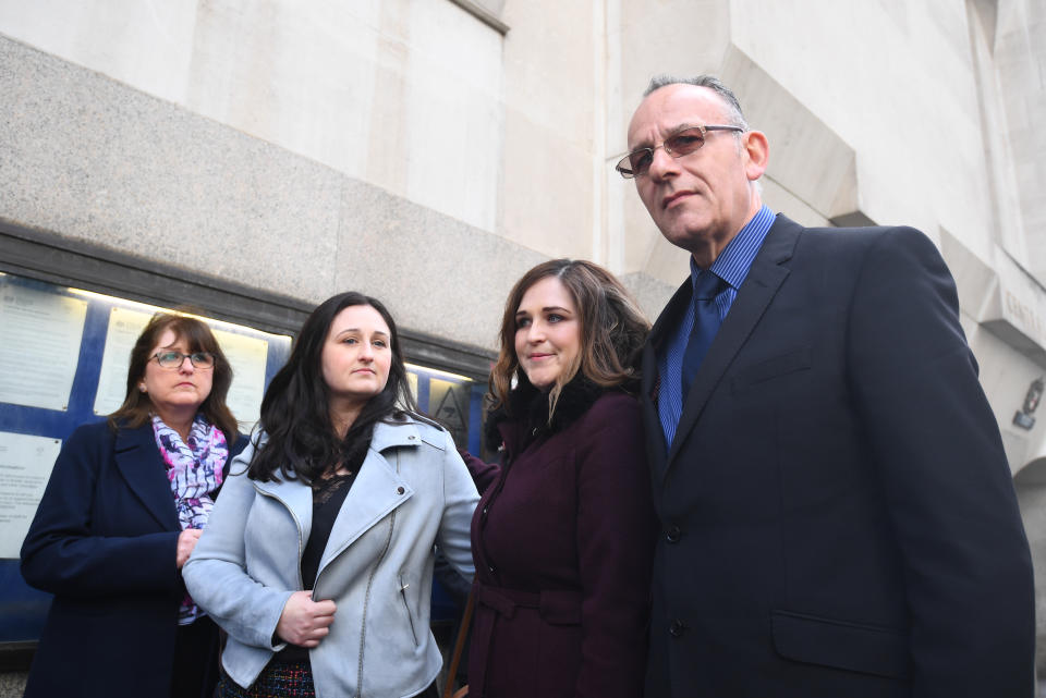 The family of Charlotte Brown, (left to right) mother Roz Wickens, sisters Vicky and Katie Brown and father Graham Brown, speaking outside the Old Bailey, after Shepherd was sentenced to an additional six months for skipping bail. (PA)