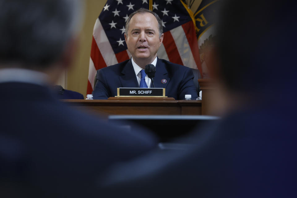 Rep. Adam Schiff (D-CA) delivers remarks during the fourth hearing by the House Select Committee to Investigate the January 6th Attack on the U.S. Capitol in the Cannon House Office Building on June 21, 2022 in Washington, DC. (Chip Somodevilla/Getty Images)