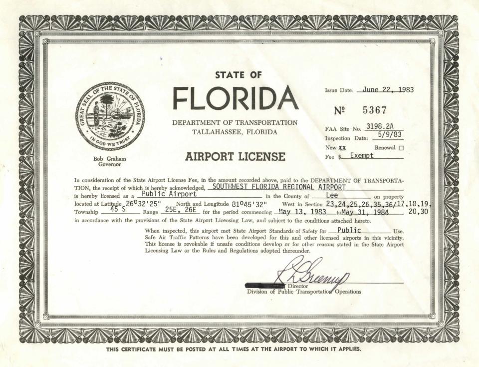 This is a photograph of the first airport certificate for Southwest Florida International Airport (RSW) in Fort Myers. The issue date is June 22, 1983.