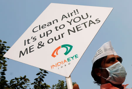 A man holds a placard during a protest against pollution in New Delhi, India November 8, 2016/REUTERS/Adnan Abidi