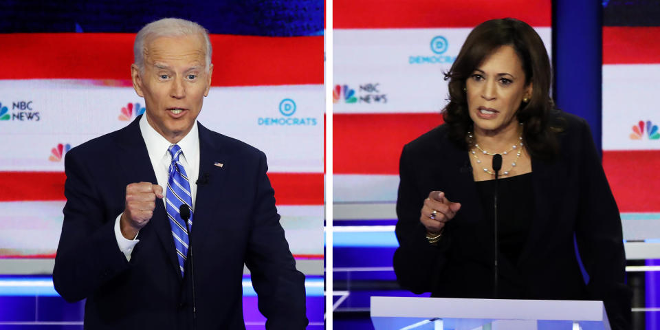 Former Vice President Joe Biden and California Sen. Kamala Harris participate during the second Democratic primary debate of the 2020 presidential campaign season hosted by NBC News at the Adrienne Arsht Center for the Performing Arts in Miami, Florida, June 27, 2019. | Saul Loeb—AFP/Getty Images