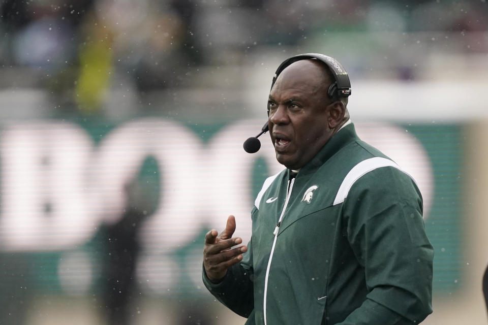 Michigan State head coach Mel Tucker watches from the sideline during the second half of an NCAA college football game against Indiana, Saturday, Nov. 19, 2022, in East Lansing, Mich. (AP Photo/Carlos Osorio)