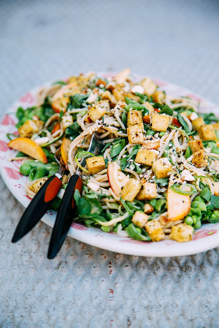 Noodles and greens in one dish, why not? Recipe: Tofu Noodle Salad with Almond Butter Sauce 