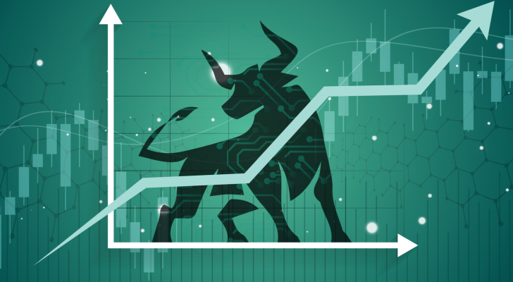 An image of a bull standing behind a stock graph with an upward trend