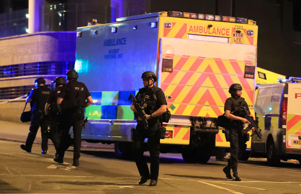 Armed police at Manchester Arena after reports of an explosion at the Manchester Arena during an Ariana Grande concert.