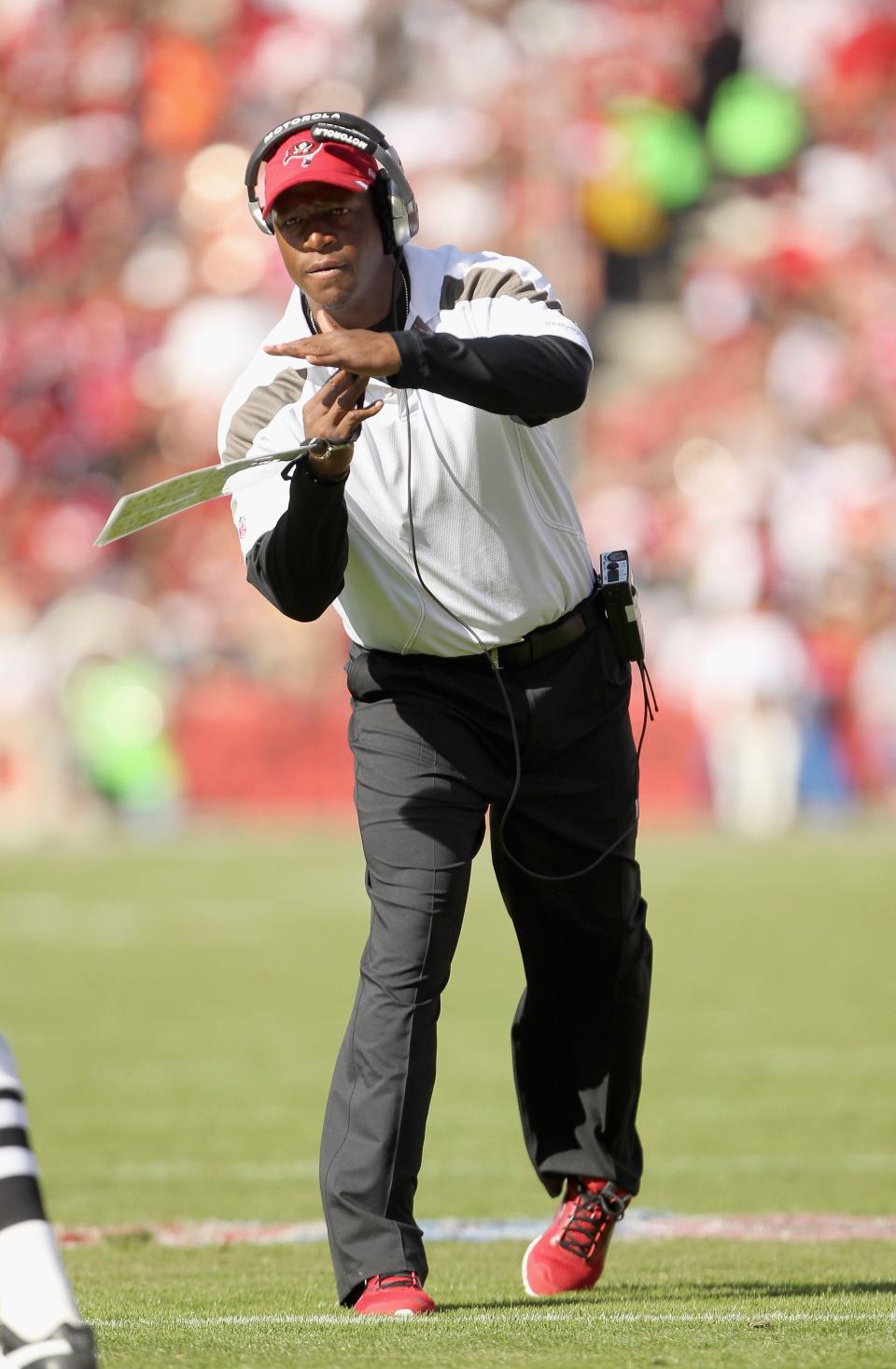 SAN FRANCISCO, CA - OCTOBER 09:  Head coach Raheem Morris of the Tampa Bay Buccaneers walks the sidelines during their game against the San Francisco 49ers at Candlestick Park on October 9, 2011 in San Francisco, California.  (Photo by Ezra Shaw/Getty Images) 