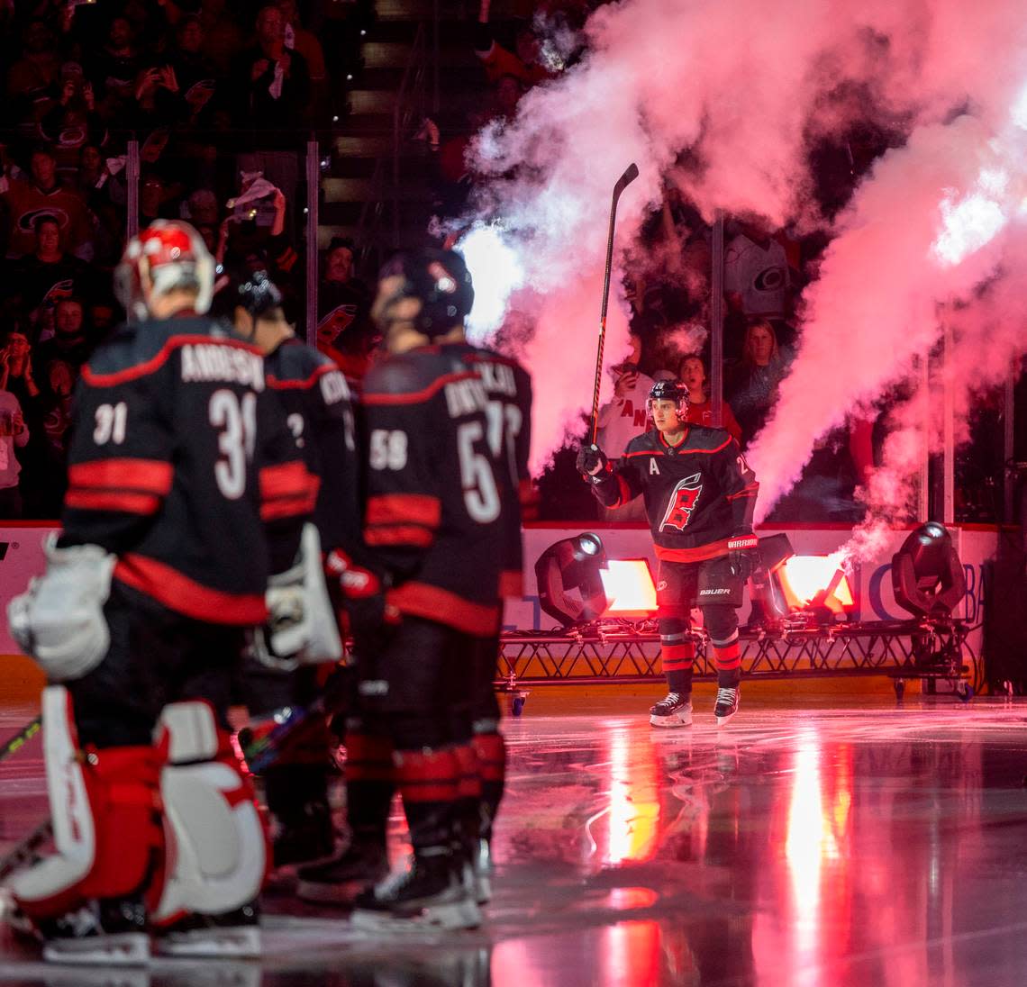 The Carolina Hurricanes Sebastian Aho (20) is introduced prior to the season home opener against Ottawa on Wednesday, October 11, 2023 at PNC Arena, in Raleigh N.C. Robert Willett/rwillett@newsobserver.com