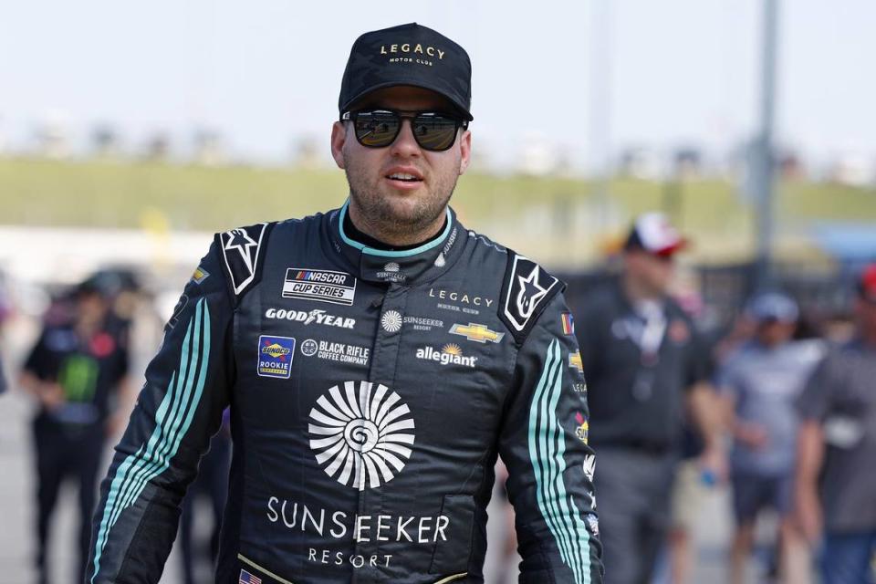 May 6, 2023; Kansas City, Kansas, USA; NASCAR Cup Series driver Noah Gragson (42) during Cup Practice and Qualifying at Kansas Speedway. Mandatory Credit: Mike Dinovo-USA TODAY Sports