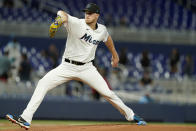 Miami Marlins starting pitcher Trevor Rogers throws during the first inning of the team's baseball game against the Tampa Bay Rays, Wednesday, Aug. 31, 2022, in Miami. (AP Photo/Lynne Sladky)