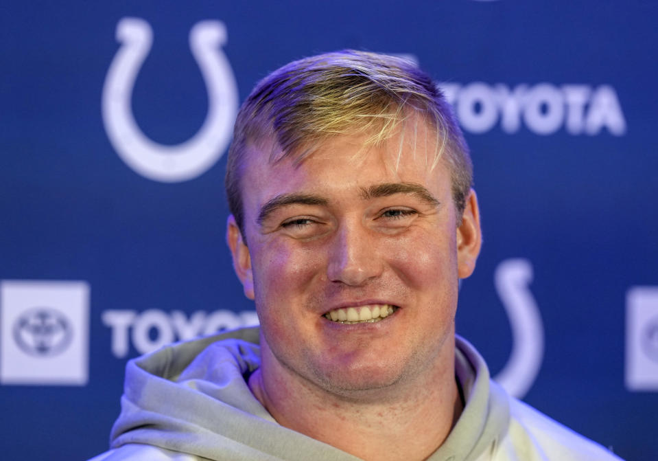 Indianapolis Colts Bernhard Raimann attends a press conference in Frankfurt, Germany, Friday, Nov. 10, 2023. The New England Patriots will play against the Indiana Colts in a NFL game on Sunday. (AP Photo/Michael Probst)