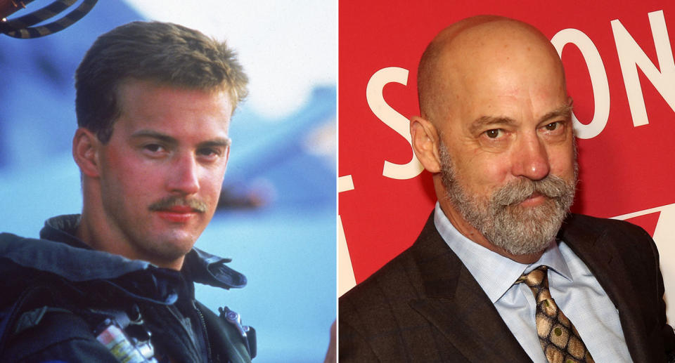 Anthony Edwards in Top Gun (L) and at The Hudson Theater, March 2022. (Paramount/WireImage/Getty)