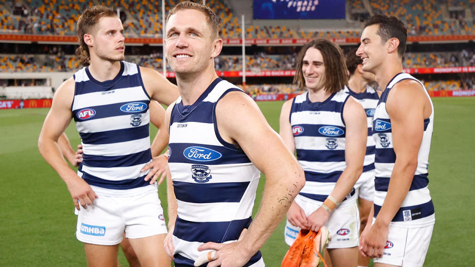 Joel Selwood and Geelong teammates, pictured here after their win over Collingwood.