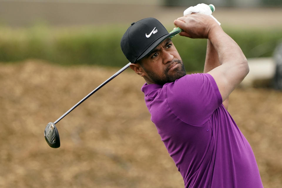 Tony Finau hits from the second tee during the third round of The American Express golf tournament on the Pete Dye Stadium Course at PGA West Saturday, Jan. 23, 2021, in La Quinta, Calif. (AP Photo/Marcio Jose Sanchez)