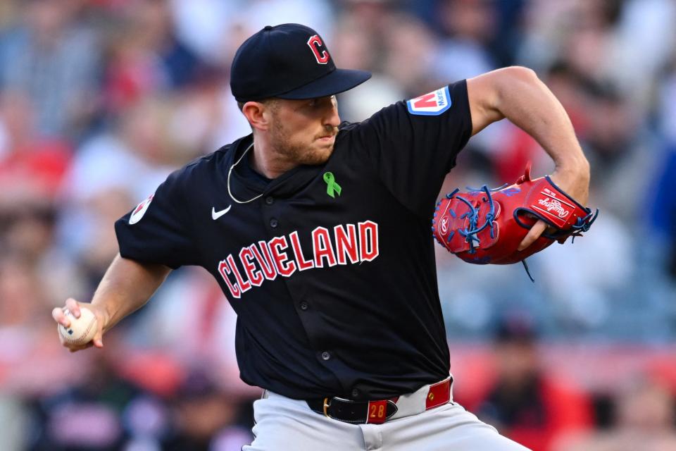 Guardians pitcher Tanner Bibee throws a pitch against the Angels during the first inning, May 25, 2024, in Anaheim.