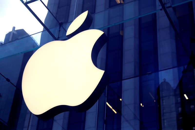 FILE PHOTO: The Apple Inc logo is seen hanging at the entrance to the Apple store on 5th Avenue in New York, U.S.