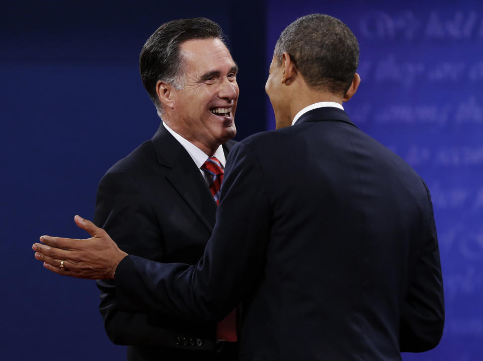 Republican presidential nominee Mitt Romney, left, shakes hands with President Barack Obama following their third presidential debate at Lynn University, Monday, Oct. 22, 2012, in Boca Raton, Fla. (AP Photo/Eric Gay)