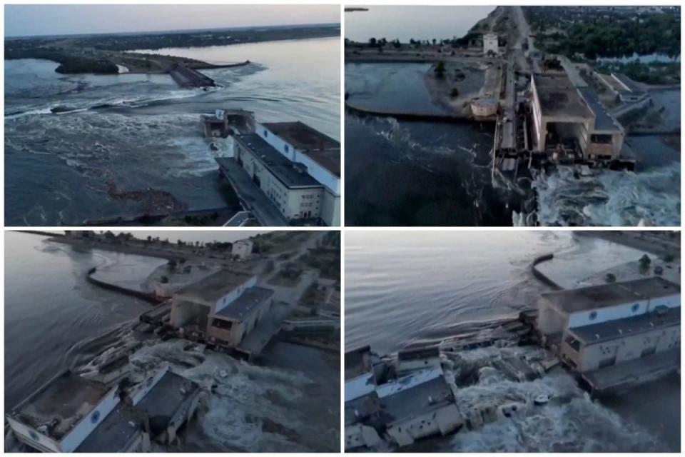 Footage appears to show water surging through the remains of the Kakhova Dam. (ES Composite)