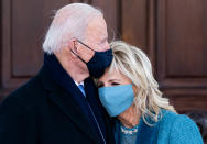 <p>President Joe Biden and First Lady Dr. Jill Biden embrace on the steps of their new home, the White House. </p>