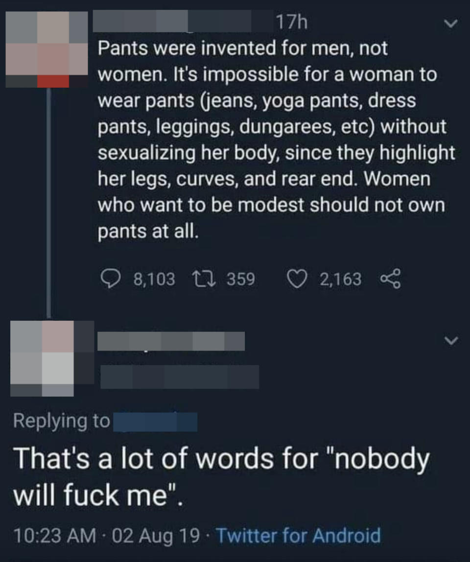 Screen shot of a comment from someone saying, "pants are for men"