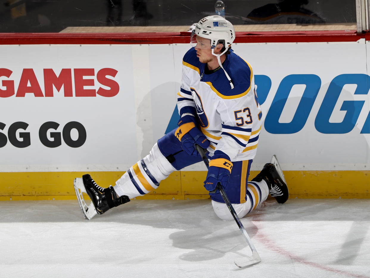 NEWARK, NEW JERSEY - FEBRUARY 20:  Jeff Skinner #53 of the Buffalo Sabres stretches before the game against the New Jersey Devils at Prudential Center on February 20, 2021 in Newark, New Jersey. (Photo by Elsa/Getty Images)