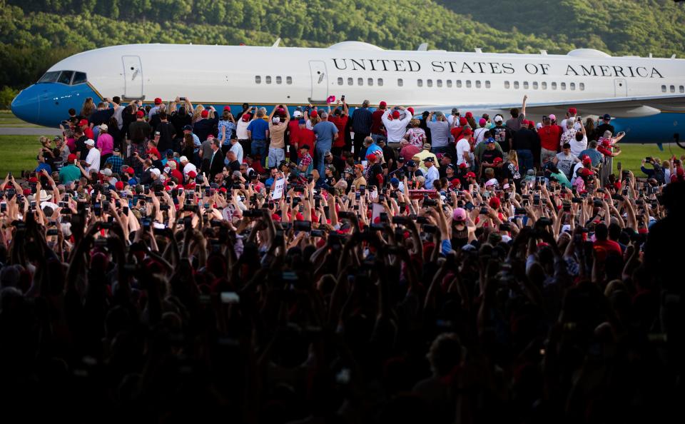 Air Force One with President Donald Trump aboard arrives at a campaign rally in Montoursville, Pa., Monday, May 20, 2019.