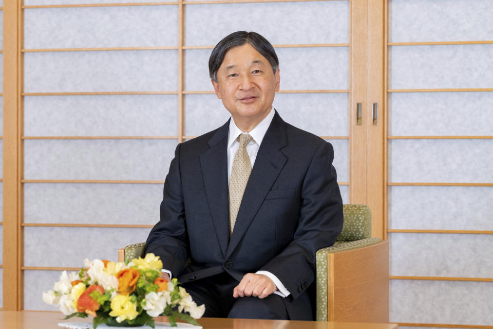 In this photo provided by the Imperial Household Agency of Japan, Japan's Emperor Naruhito poses for a photograph at the Imperial Palace in Tokyo, Japan, Thursday, Feb. 16, 2023, ahead of his 63rd birthday on Feb. 23. (Imperial Household Agency of Japan via AP)
