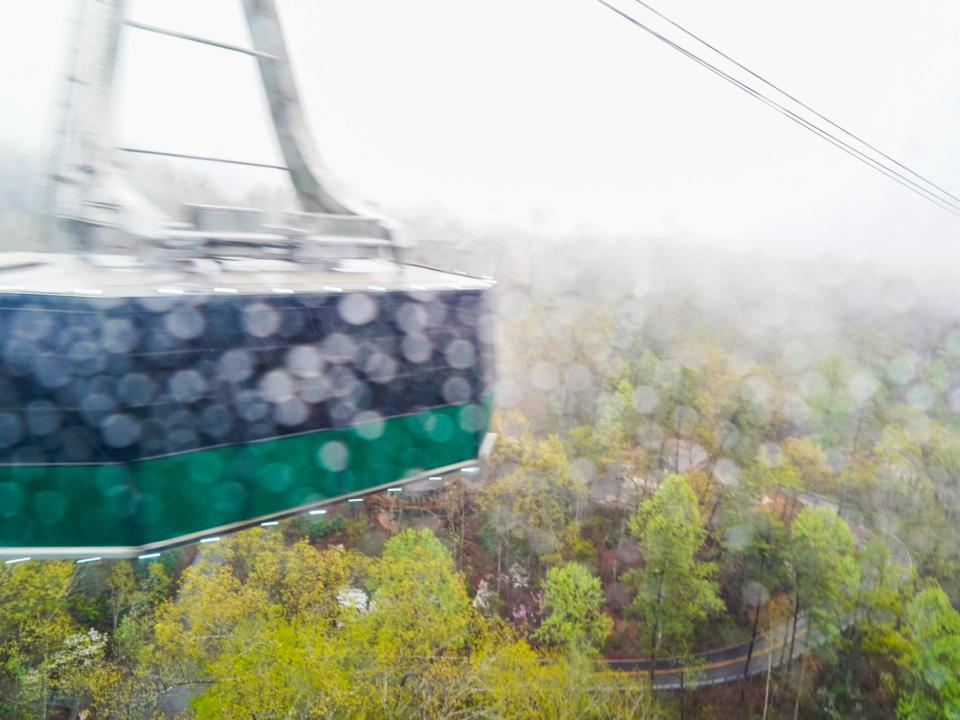 A tram passes through the Great Smoky Mountains.