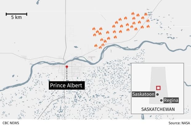 The locations of the Prince Albert fires in Saskatchewan. 