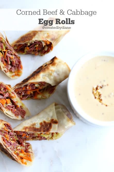 <p>Stuff the holiday's traditional flavors into an egg roll, dip them in some <a href="http://www.createdby-diane.com/2015/03/guinness-and-mustard-cheese-dip.html" rel="nofollow noopener" target="_blank" data-ylk="slk:Guinness and Mustard Cheese Dip;elm:context_link;itc:0;sec:content-canvas" class="link ">Guinness and Mustard Cheese Dip</a>, and call it a day. </p><p><a href="http://www.createdby-diane.com/2015/03/corned-beef-cabbage-egg-rolls.html" rel="nofollow noopener" target="_blank" data-ylk="slk:Get the recipe from Created by Diane »;elm:context_link;itc:0;sec:content-canvas" class="link "><em>Get the recipe from Created by Diane »</em></a><br></p>