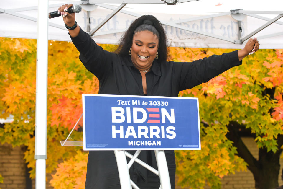 <p>Lizzo spoke during a campaign event for Joe Biden and Kamala Harris in Detroit, Michigan.</p>